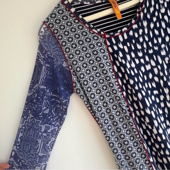 Anya SF Patchwork panel Print Dress Blue Mixed Pattern 3/4 Sleeve Boho Size S - Picture 7 of 14